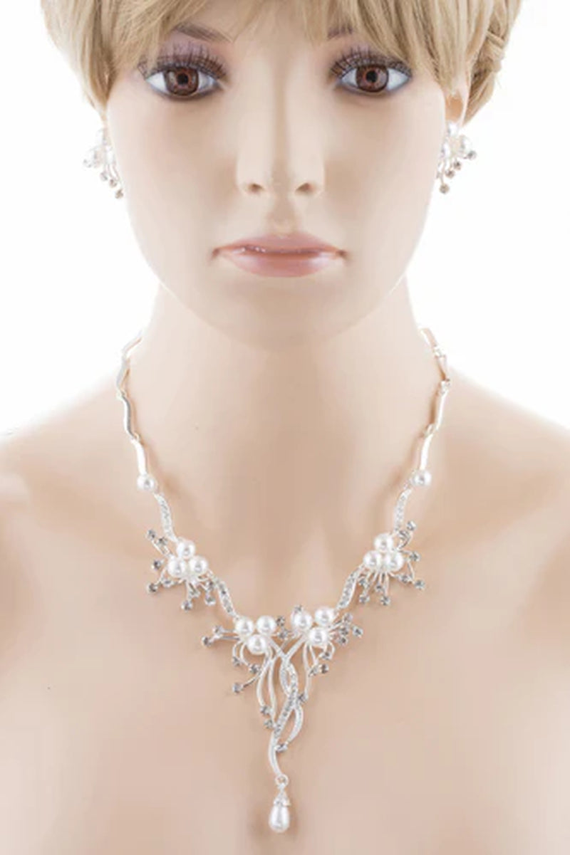 Bridal Wedding Jewelry Set Crystal Rhinestone Pearl Floral Vine Design Necklace